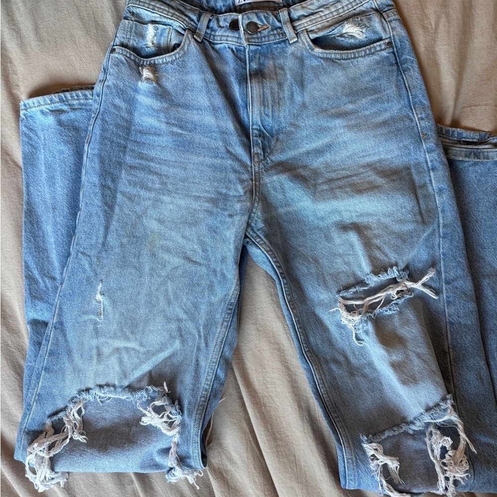 Zara Light Blue High Rise Distressed Jeans